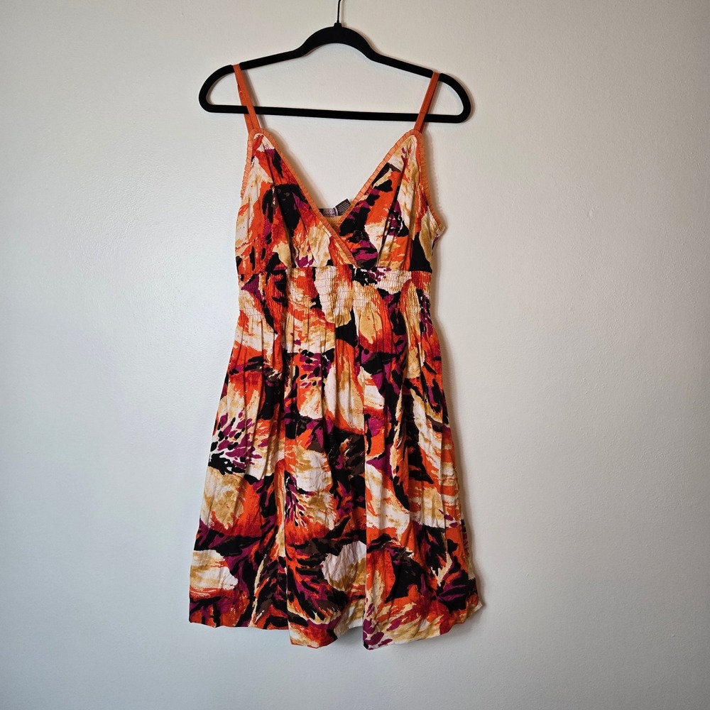 Speed Control New York Orange‎ Tropical Floral Smocked Cotton Sun Dress Plus 1X
